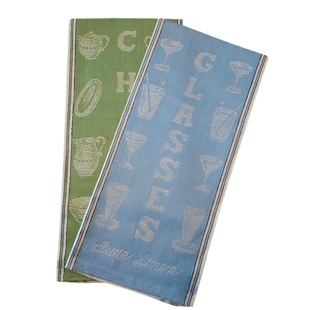 All Pure Linen Brand Tea Towels Glasses And China Design Blue And Green